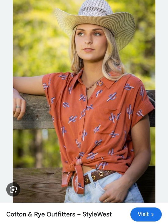 Cotton & Rye Tops - Women’s Short-Sleeve Button-Down Shirt in Rust Orange with Pink Cactus Print